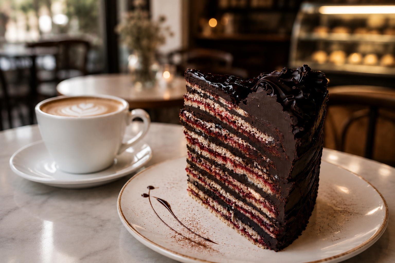 Café latte junto a una torta artesanal en Flor de la Patagua